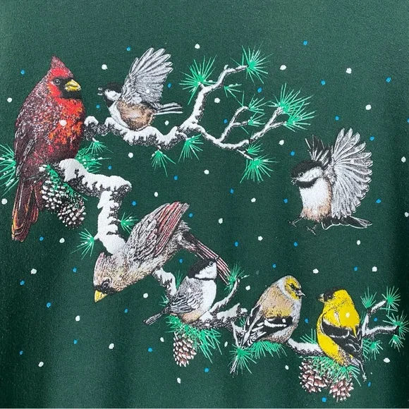 Vintage Sweatshirt Women's Size Large Birds Cardinals Winter Green Double Collar - Picture 6 of 11